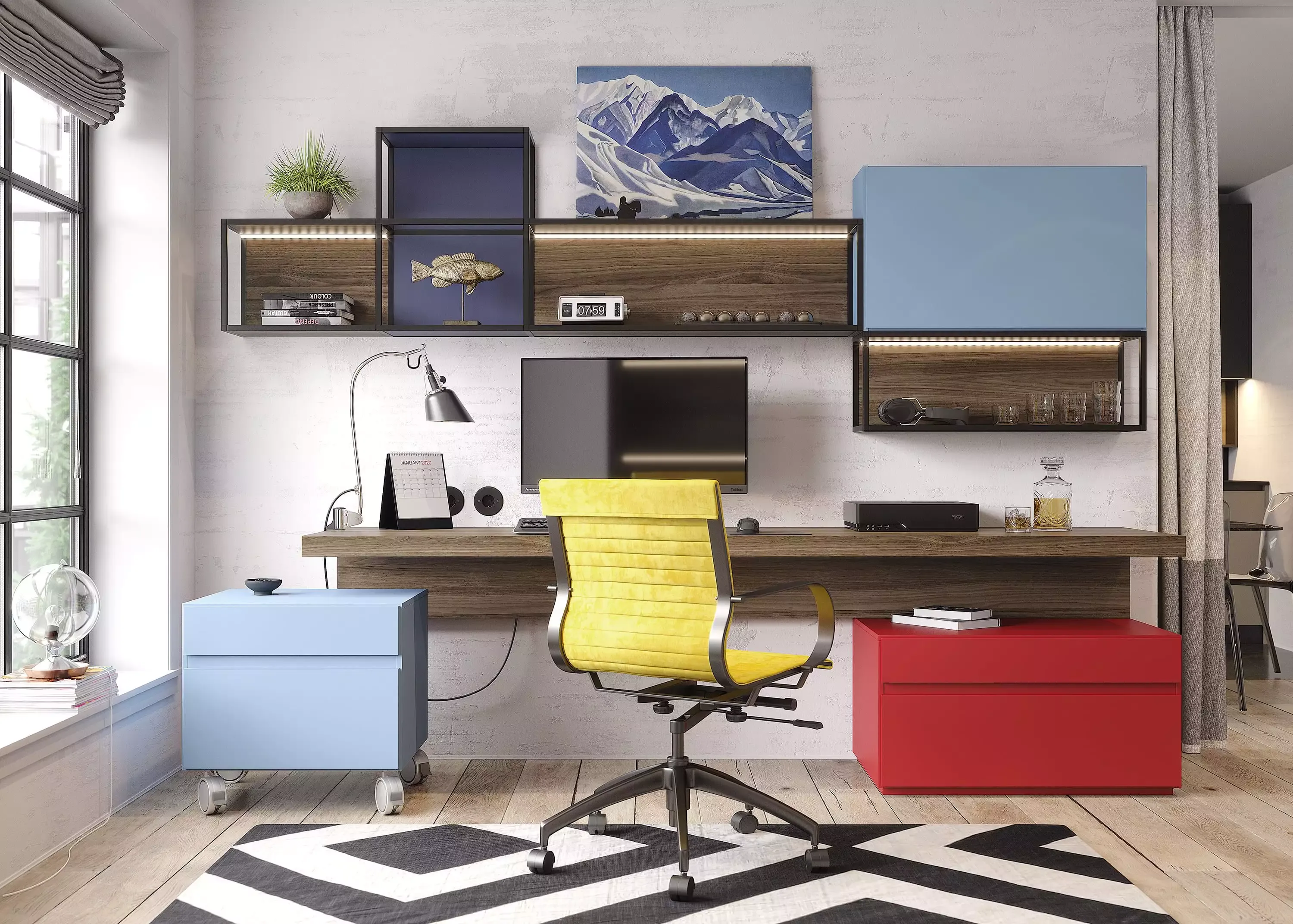 Яркий красно голубой кабинет, мебель на заказ MrDoors