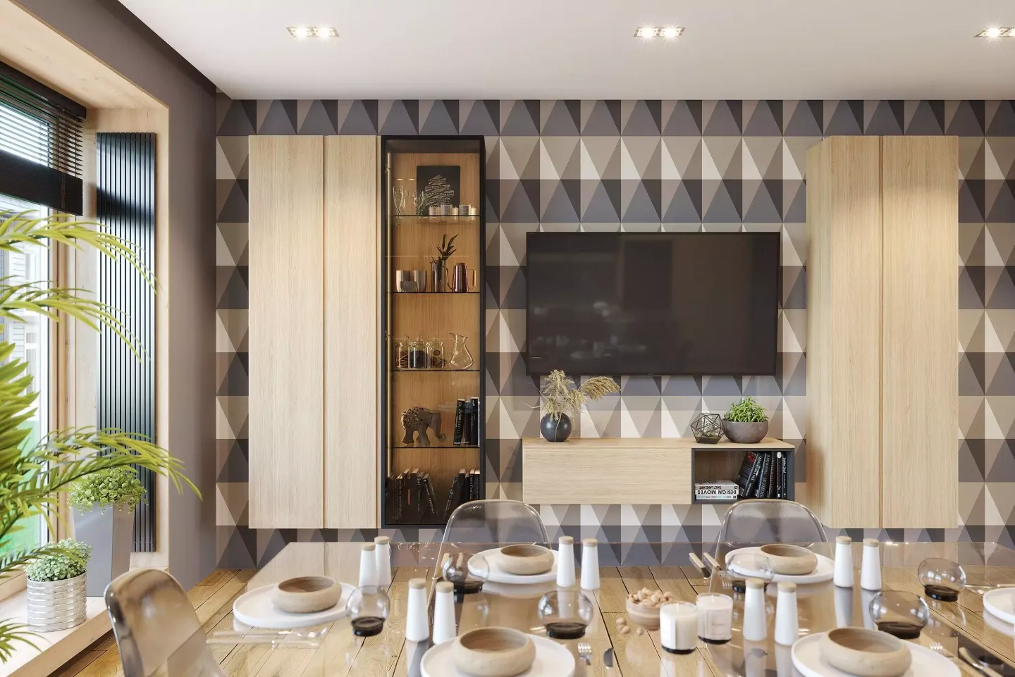 Современная гостиная с ТВ для кухни или столовой, мебель на заказ MrDoors