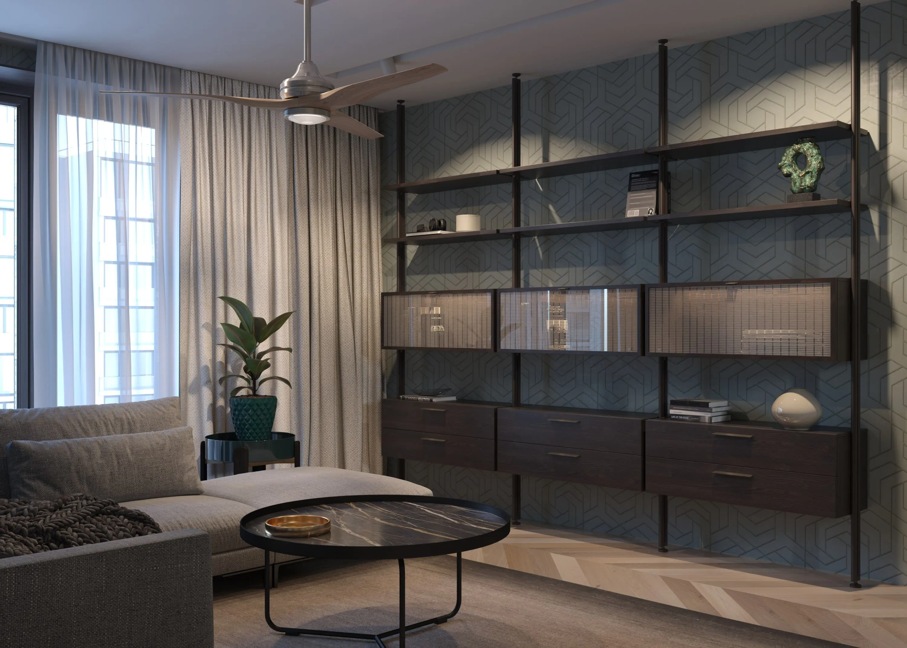 Стеллажная система для гостиной в декоре Дуб с подсветкой, мебель на заказ MrDoors