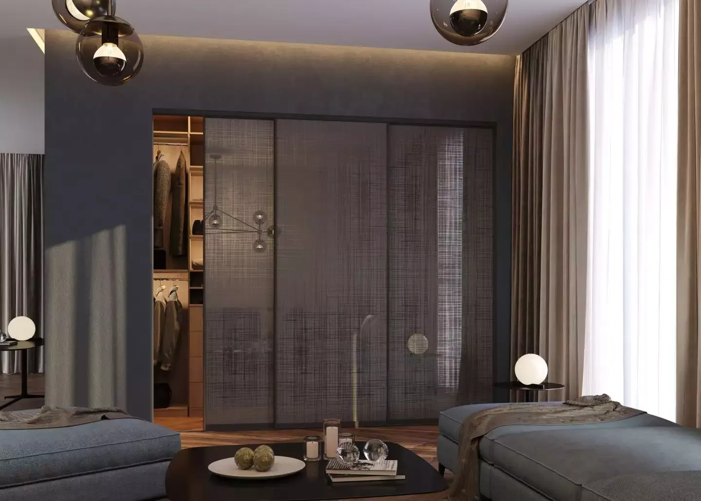 Гардеробная темно серого цвета за раздвижными дверями, мебель на заказ MrDoors