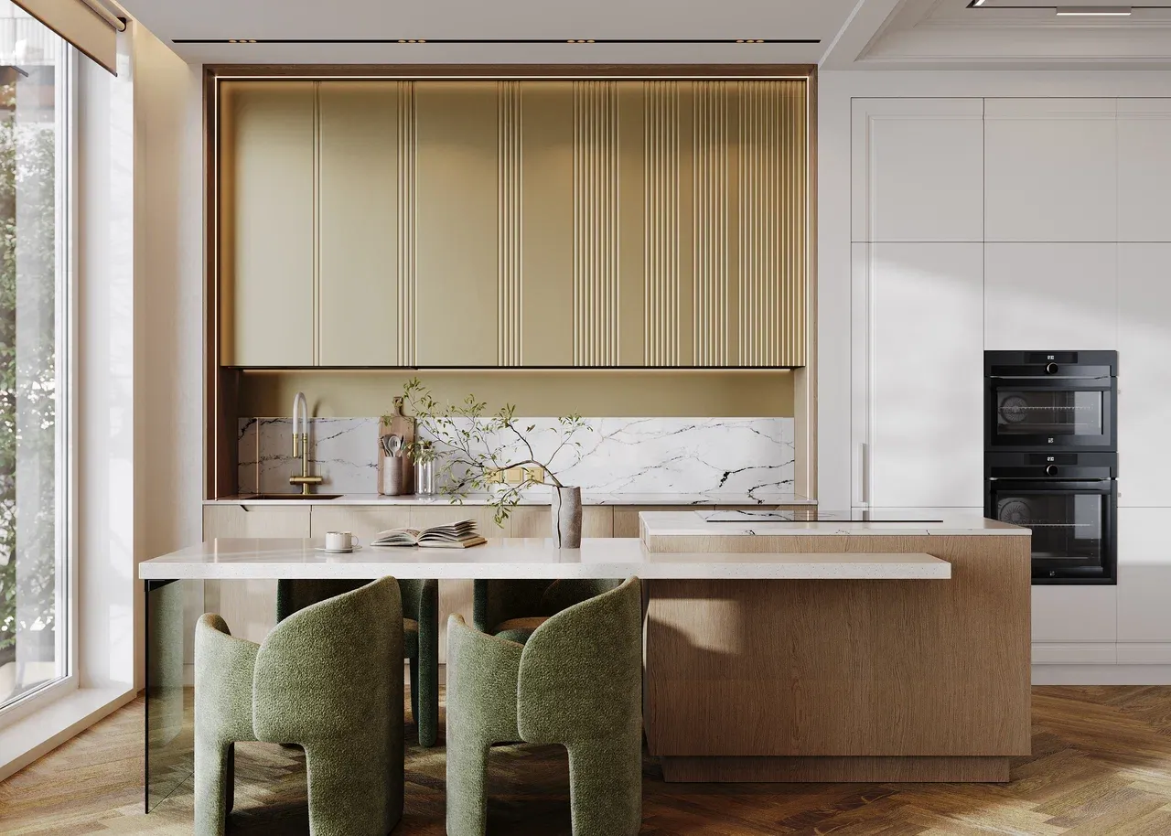 Кухня с островом с кварцевой столешницей в стиле фьюжн (арт. Kit461), мебель на заказ MrDoors