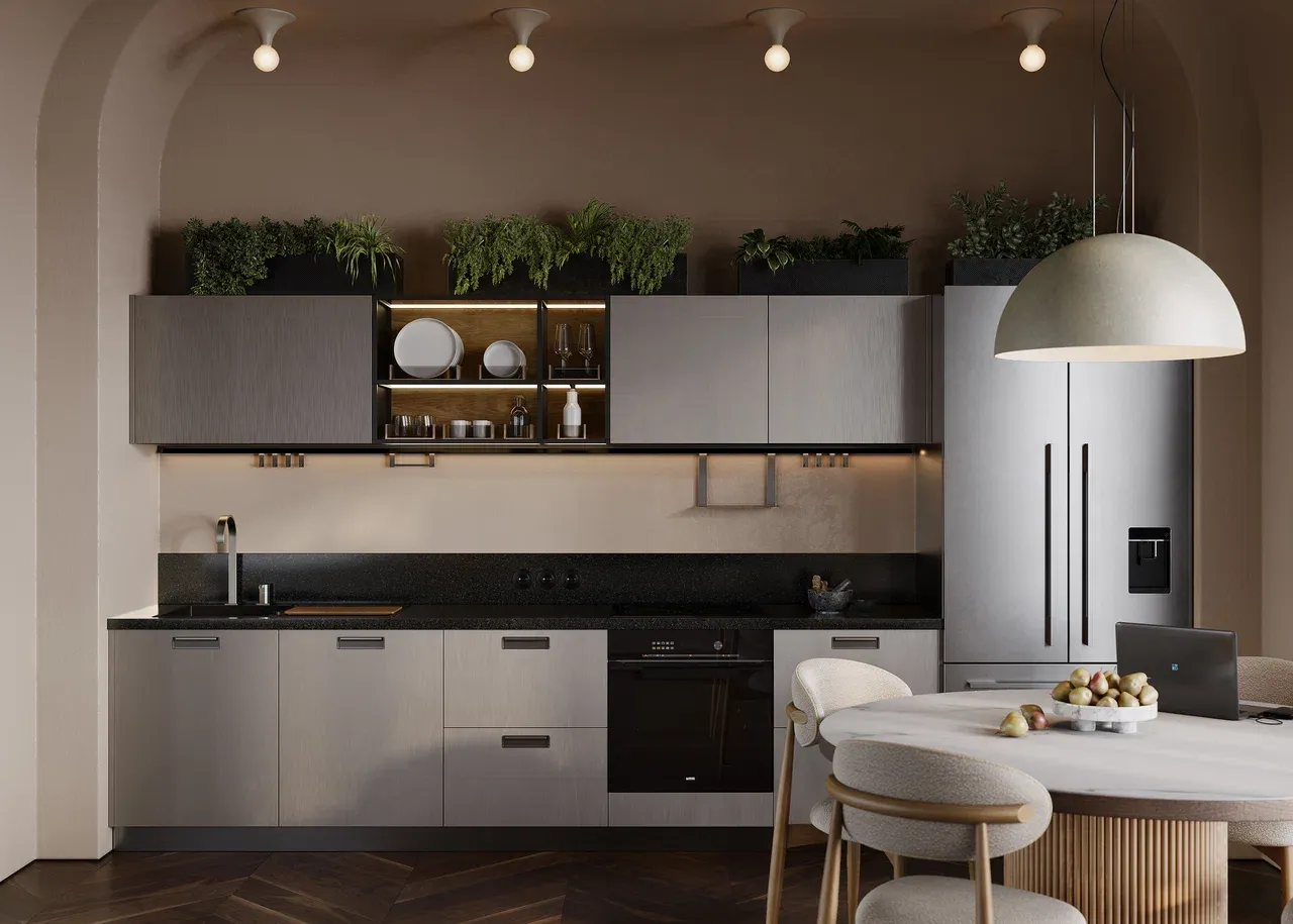 Кухня прямая со столешницей из акрилового камня (арт. Kit448), мебель на заказ MrDoors