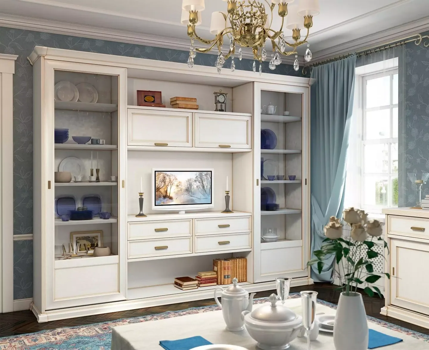 бело-голубой интерьер гостиной