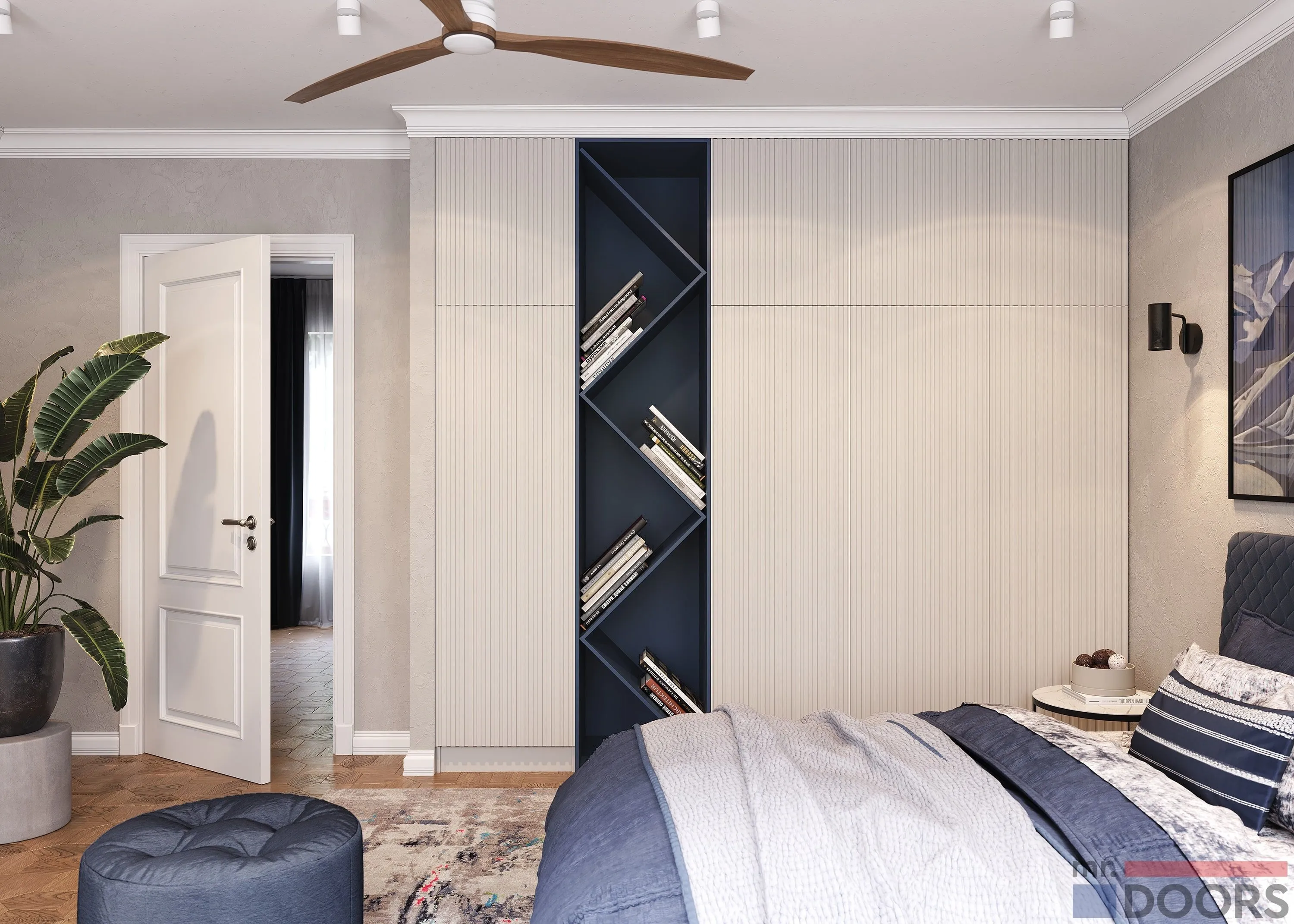 Распашной шкаф с вешалом, подсветкой и стеллажом между створками, мебель на заказ MrDoors