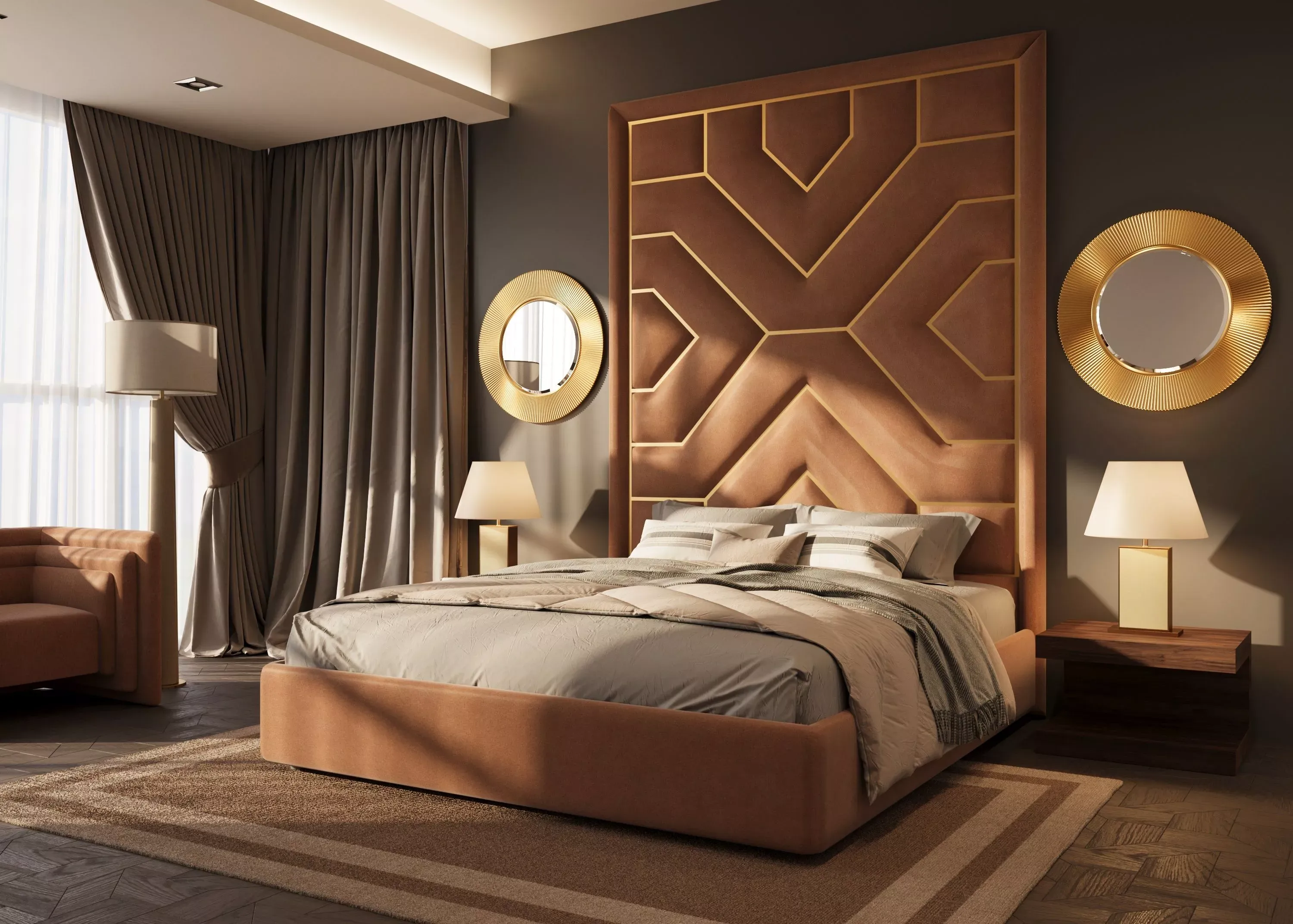 Мягкие стеновые панели в спальню Sorrento M, оранжевые (арт. 080)