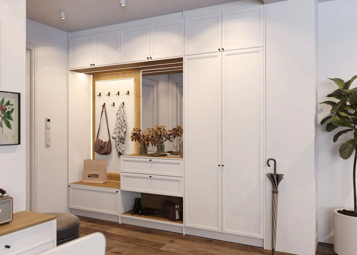 Большая белая прихожая, мебель на заказ MrDoors
