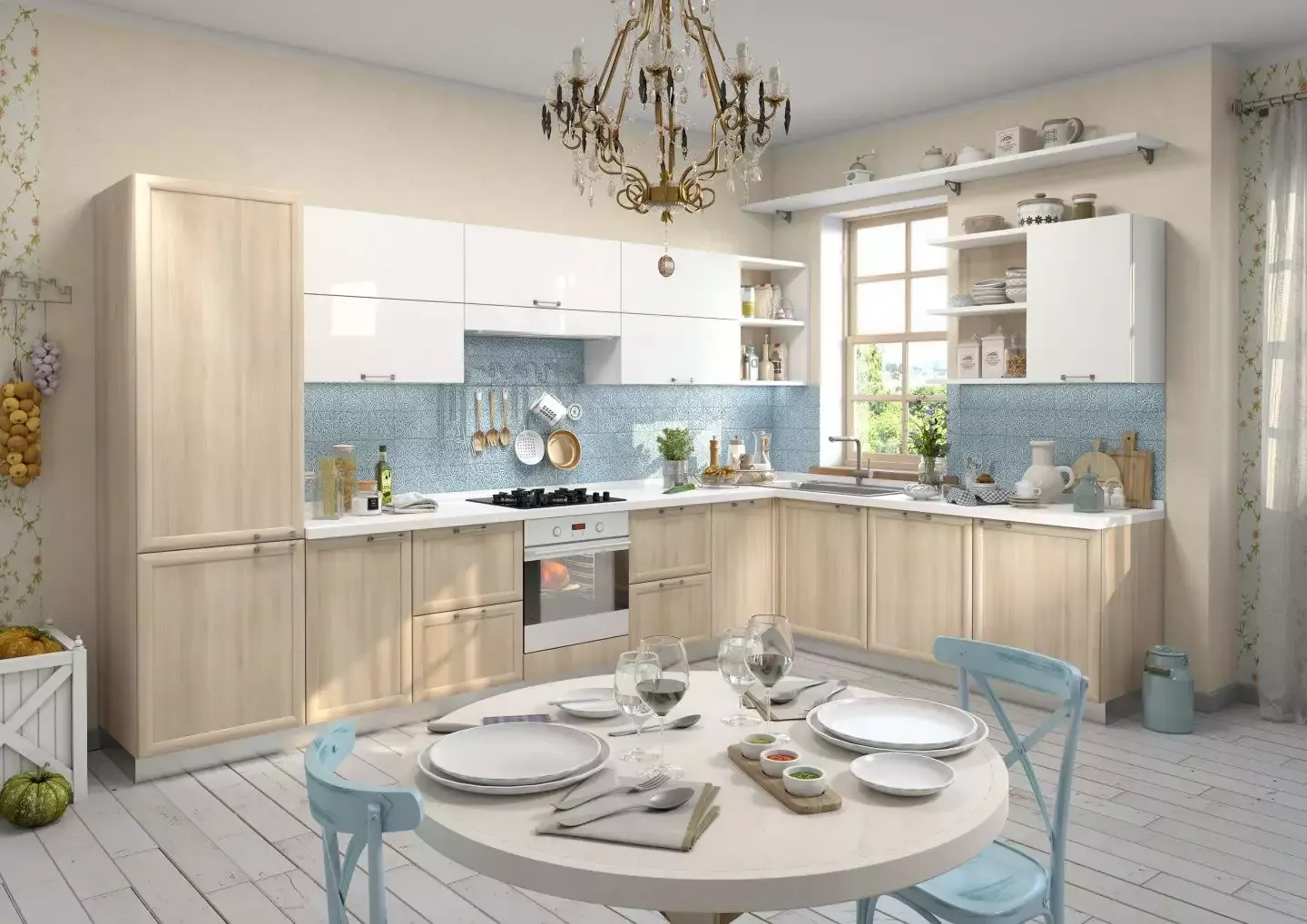 бежево-голубая кухня с мойкой в углу