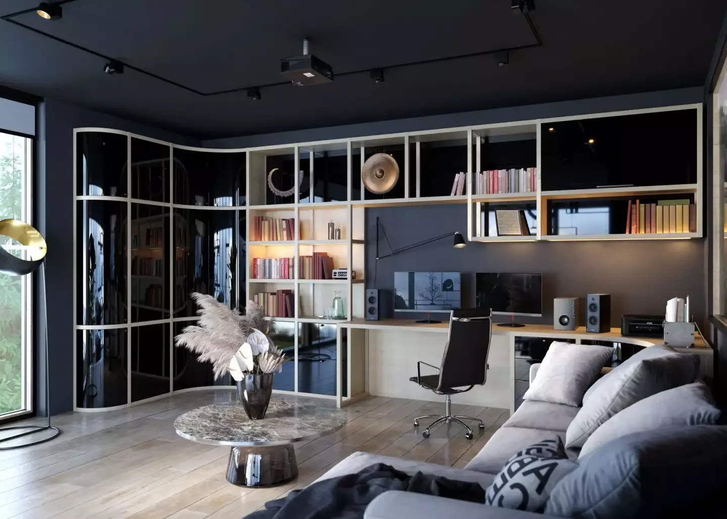 кабинет с черной глянцевой мебелью