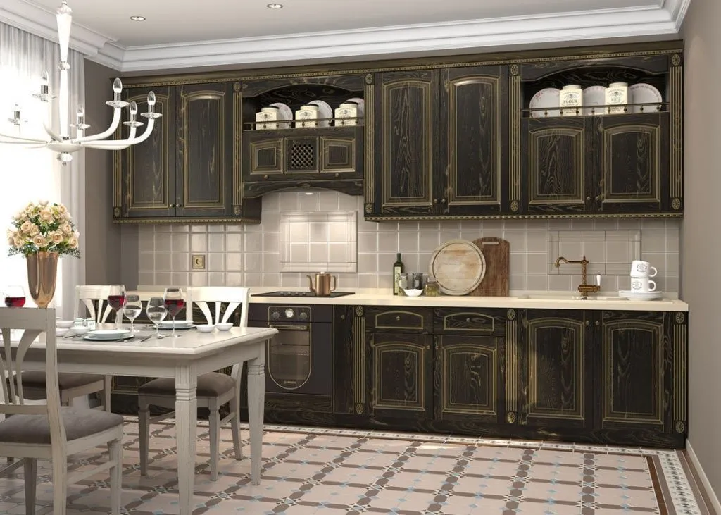 Классический кухонный гарнитур с темном цвете с патинированием*