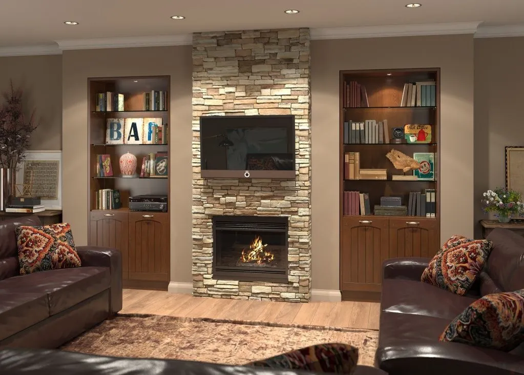 Гостиная с деревянными шкафами и камином