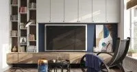 Светлая гостиная с подвесной тумбой под ТВ, мебель на заказ MrDoors