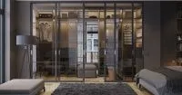 Гардеробная со стеклянными раздвижными дверями, мебель на заказ MrDoors