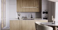 Белая кухня с островом и древесными фасадами (арт. Kit510), мебель на заказ MrDoors