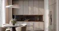Бежевая кухня с рамочными фасадами и тёмной кварцевой столешницей (арт. Kit501), мебель на заказ MrDoors