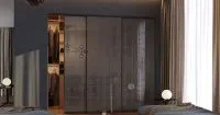 Гардеробная темно серого цвета за раздвижными дверями, мебель на заказ MrDoors