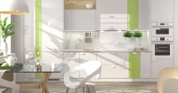 белая кухня с зелеными акцентами 