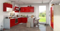 современная ярко-красная угловая кухня