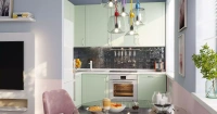 Нежно-зеленая угловая кухня для студии, мебель на заказ MrDoors
