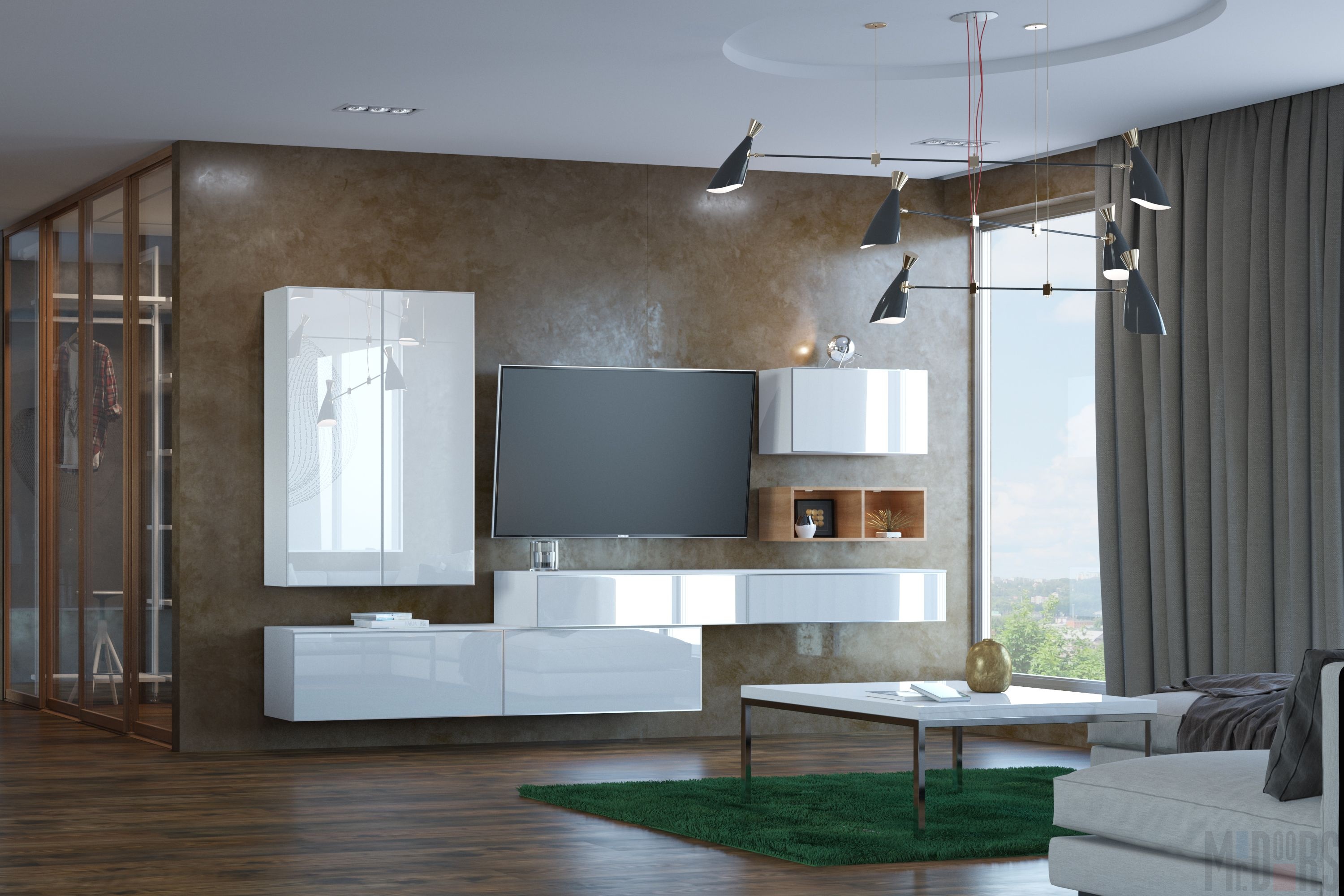 Stilnyj Belyj Tv Yunit Dlya Gostinoj S Podvesnymi Modulyami Ot Proizvoditelya Mebel Na Zakaz Mrdoors