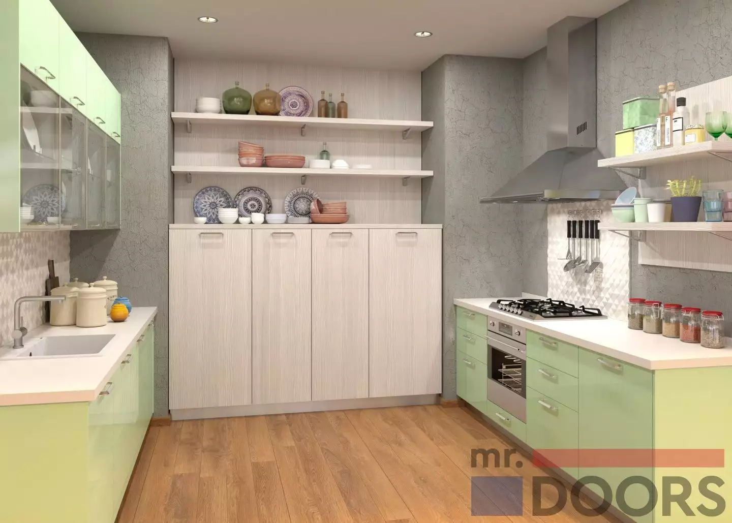 Бежево зеленые кухонные гарнитуры mr.doors